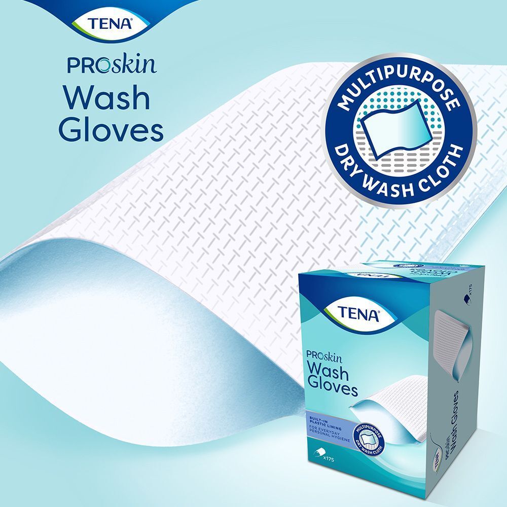 TENA ProSkin Wash Gloves. Weiße Waschlappen mit blauem Logo 'Multipurpose Dry Wash Cloth'. Kartonverpackung im Hintergrund.