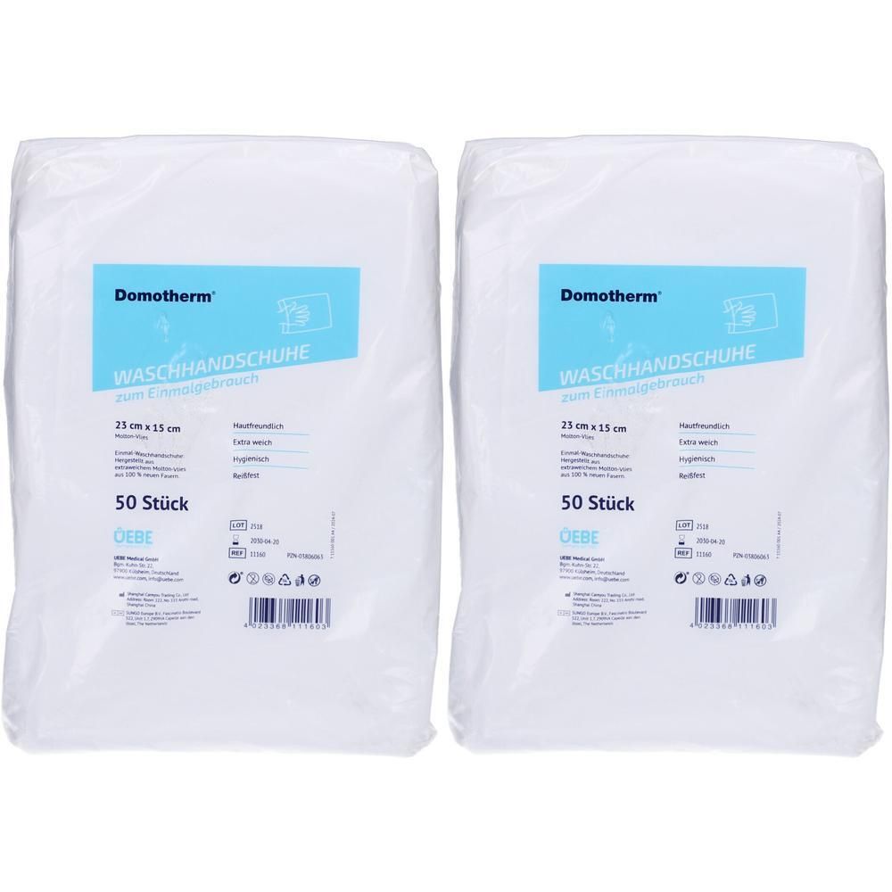 Zwei Packungen Domotherm Waschhandschuhe. Aufschrift: 23 cm x 15 cm, 50 Stück. Blaue Etiketten mit Produktinformationen.