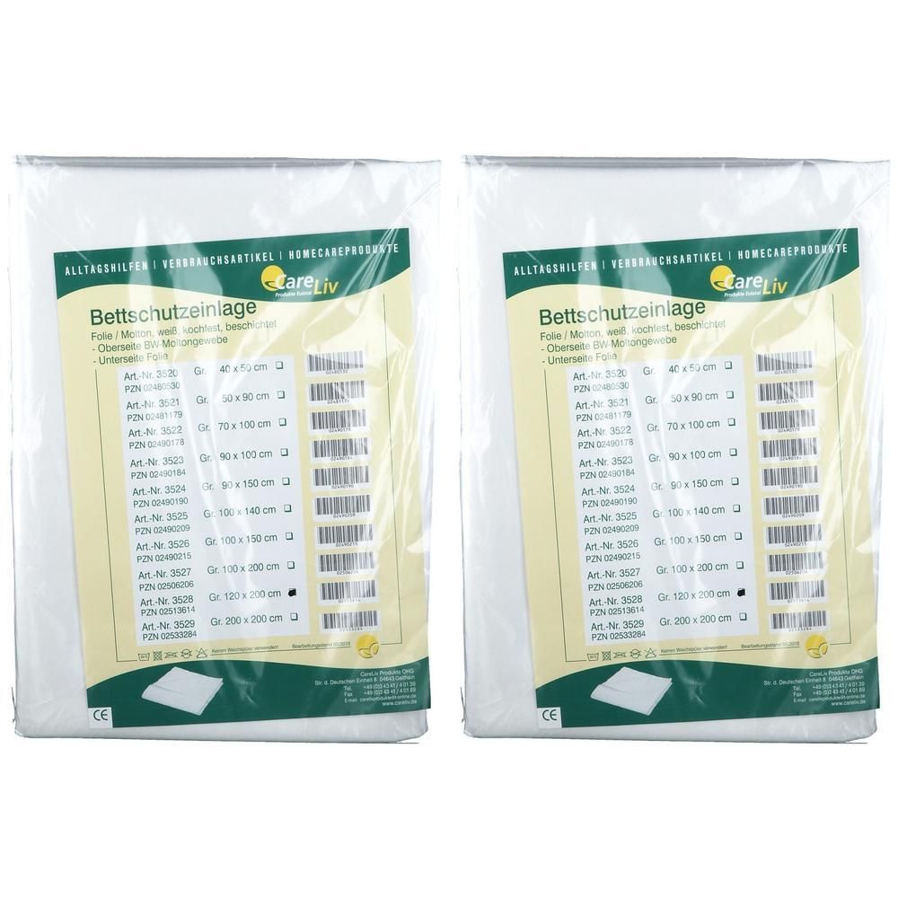 Zwei verpackte Bettschutzeinlagen. Auf der Verpackung steht "Bettschutzeinlage" und Größenangaben. Marke CareLiv.