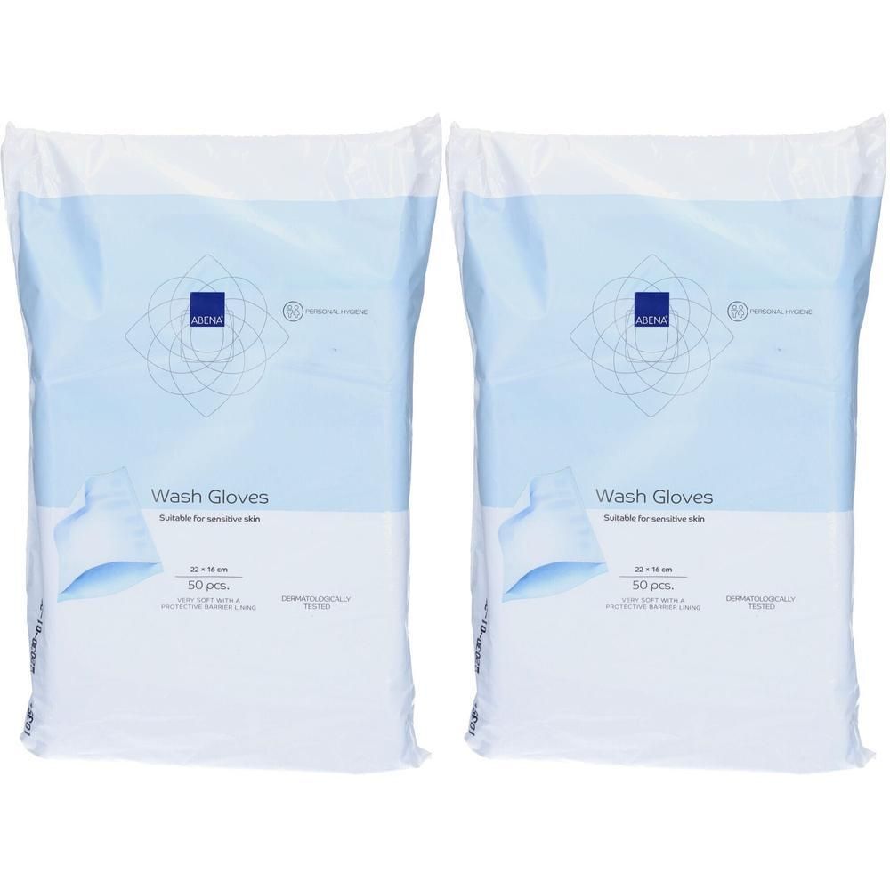 Zwei Packungen Abena Waschhandschuhe. Weiße Verpackung mit blauem Design. Aufdruck: Wash Gloves, 22 x 16 cm, 50 Stück.