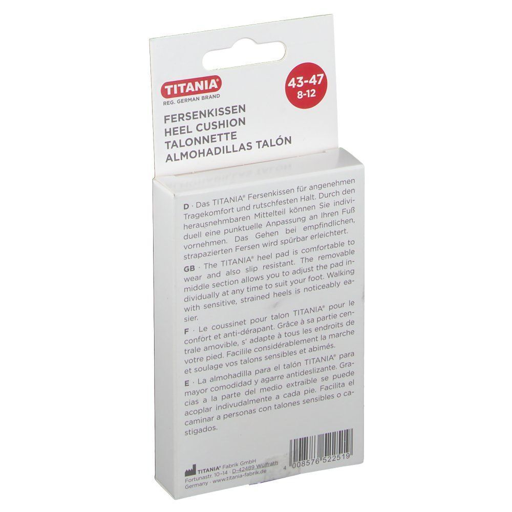 Weiße Produktverpackung, Rückseite. Text in Deutsch, Englisch, Französisch und Spanisch. Aufdruck: TITANIA, Fersenkissen, Schuhgröße 43-47.