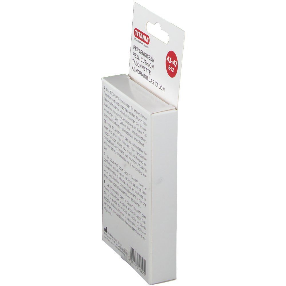 Weiße Produktverpackung, Seitenansicht. Text in Deutsch, Englisch, Französisch und Spanisch. Aufdruck: TITANIA, Fersenkissen, Schuhgröße 43-47.