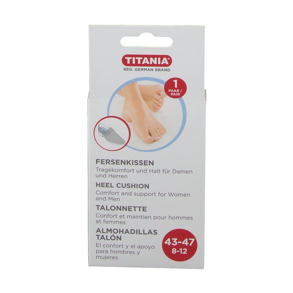 Weiße Produktverpackung, Vorderseite. Aufdruck: TITANIA, Fersenkissen, Schuhgröße 43-47. Abbildung von Fuß und Fersenkissen.