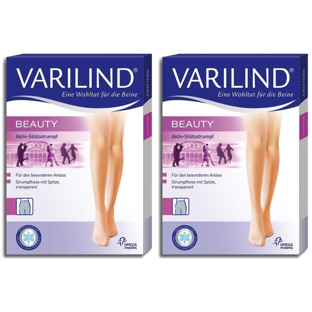 Zwei Packungen VARILIND Strumpfhose. Aufschrift: BEAUTY, Aktiv-Stützstrumpf. Abbildung von Beinen. Logo Omega Pharma.