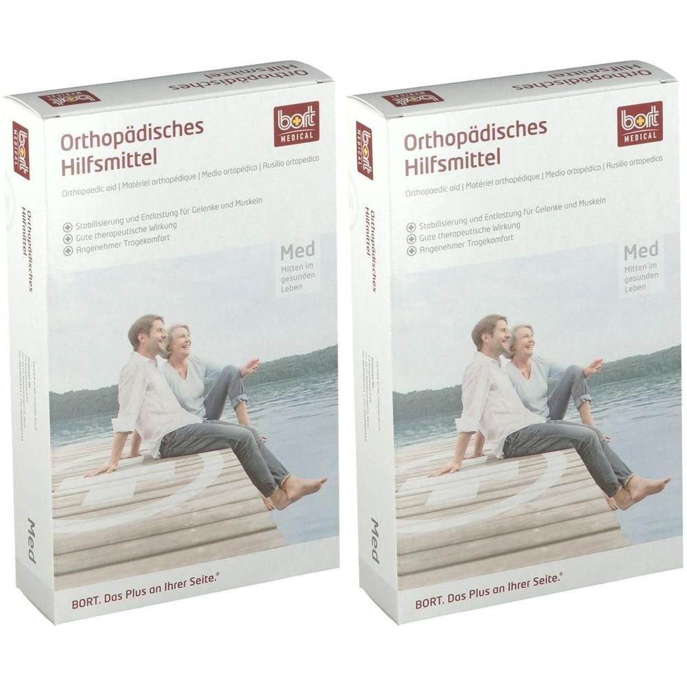 Zwei rechteckige Verpackungen. Aufschrift: Orthopädisches Hilfsmittel, BORT MEDICAL. Abbildung eines Paares. Größe: Med.