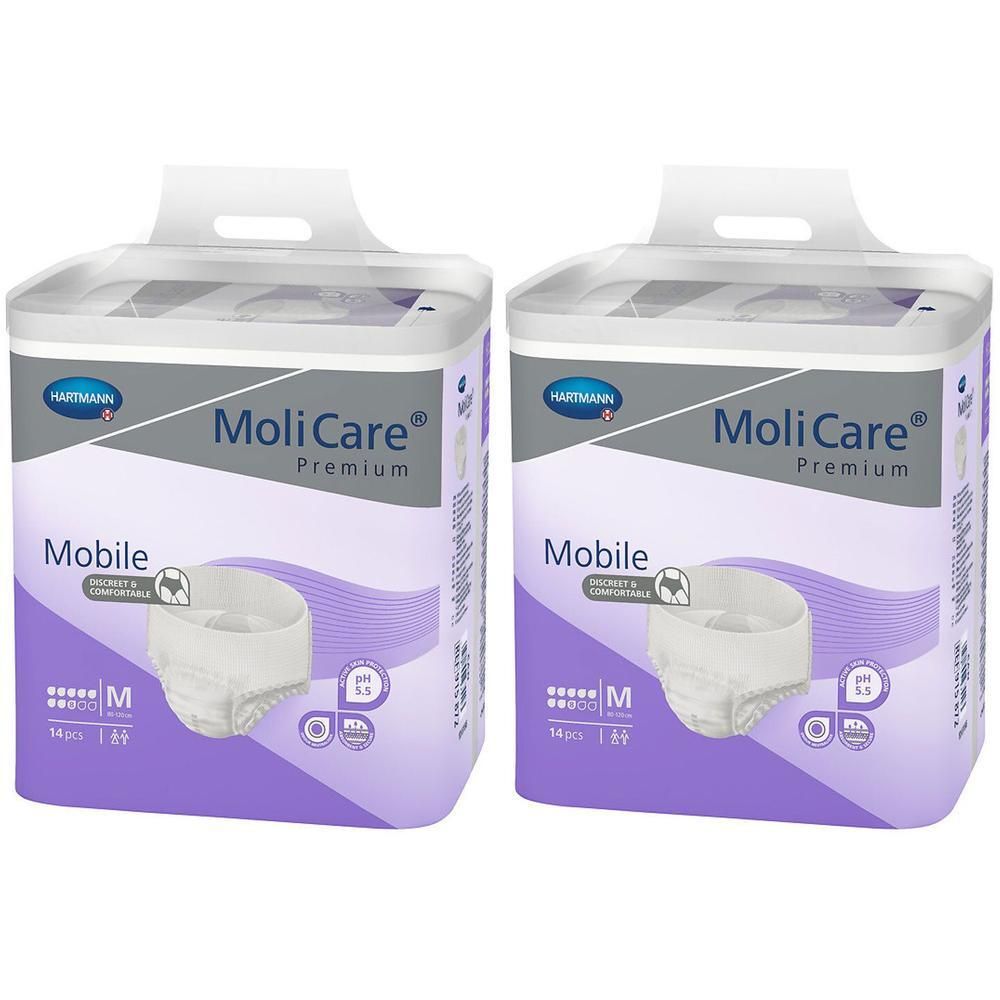 Zwei Packungen MoliCare Premium Mobile. Verpackung mit Griff. Aufdruck: Mobile, M, 14 Stück. Marke Hartmann.