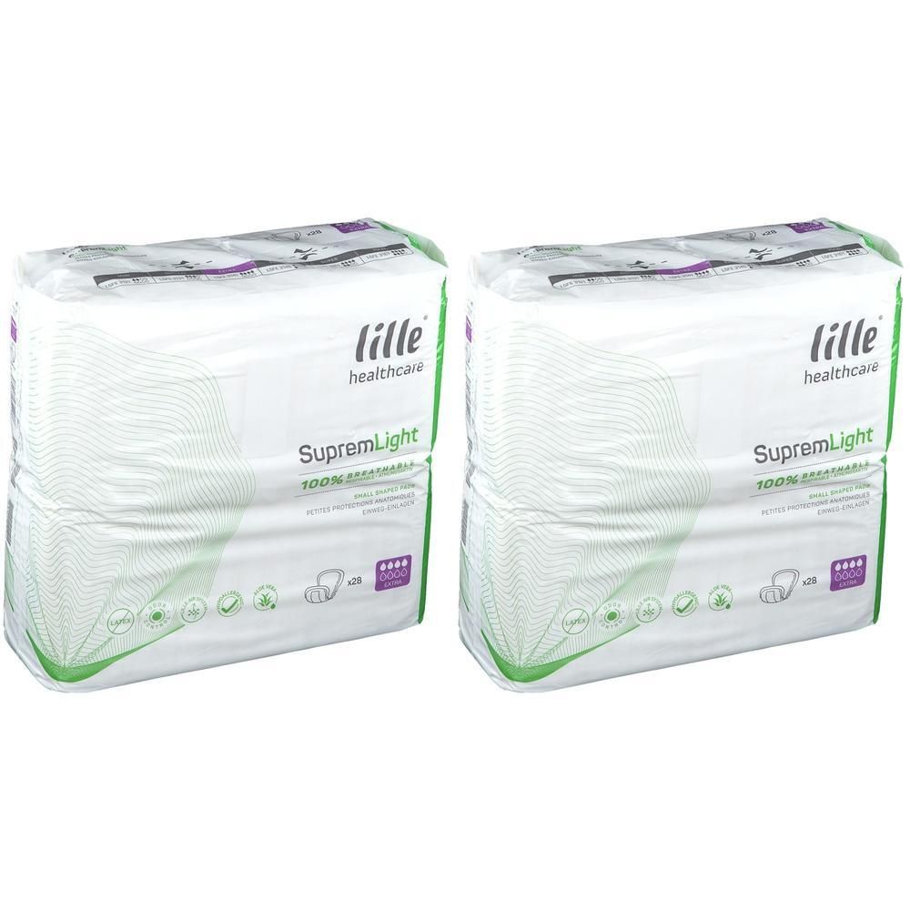 Zwei Packungen SUPREM Light extra 2x. Weiße Verpackung mit grünen Akzenten. Aufdruck: Lille healthcare, SupremLight, 100% atmungsaktiv.