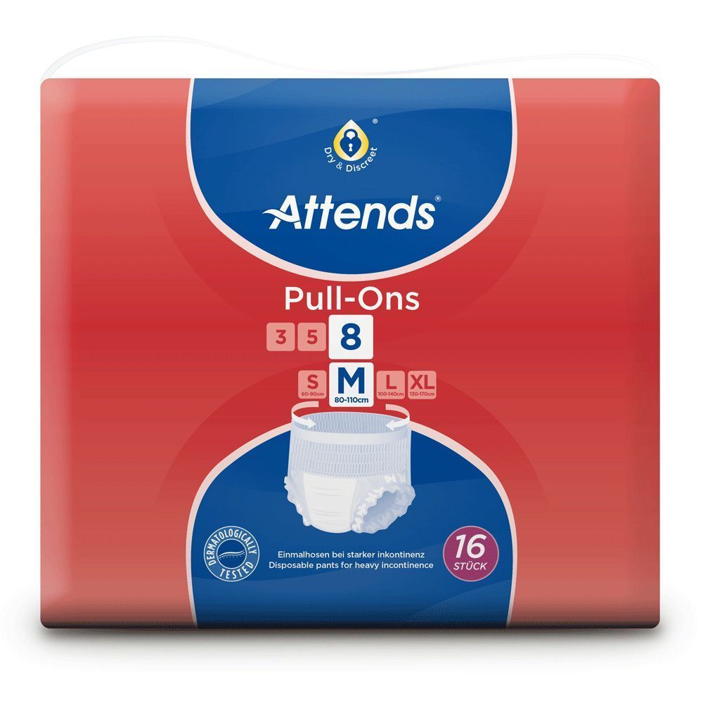 Verpackung Attends® Pull-Ons 8 M Einmalhosen. Rote Verpackung mit blauem Logo und Produktbezeichnung. Größen S, M, L, XL. 16 Stück.