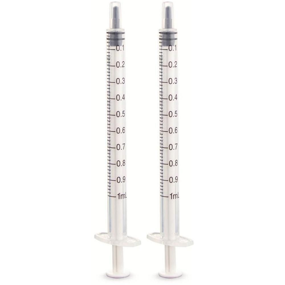 Zwei transparente Spritzen ohne Kanüle. Skala von 0,1 bis 1 ml. Mit Kolben und Flansch.