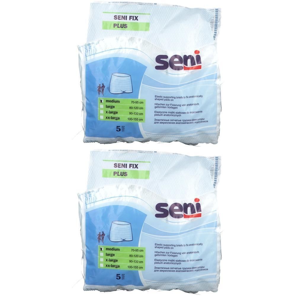 Zwei Packungen Seni Fix Plus Gr. M. Weiße Verpackung mit Produktabbildung und Größenangaben. Marke Seni.