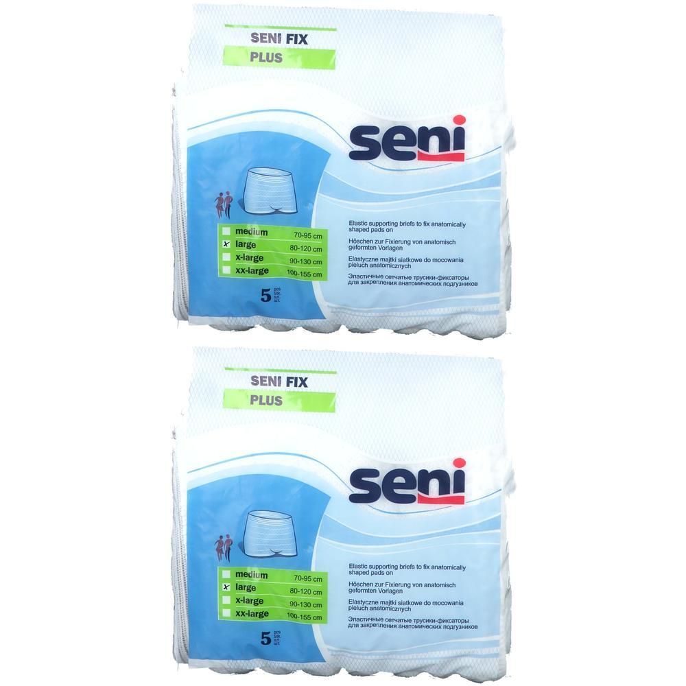 Packung SENI Fix Plus. Weißes Paket mit blauer Grafik und Produktinformationen. Marke SENI. Größe L.