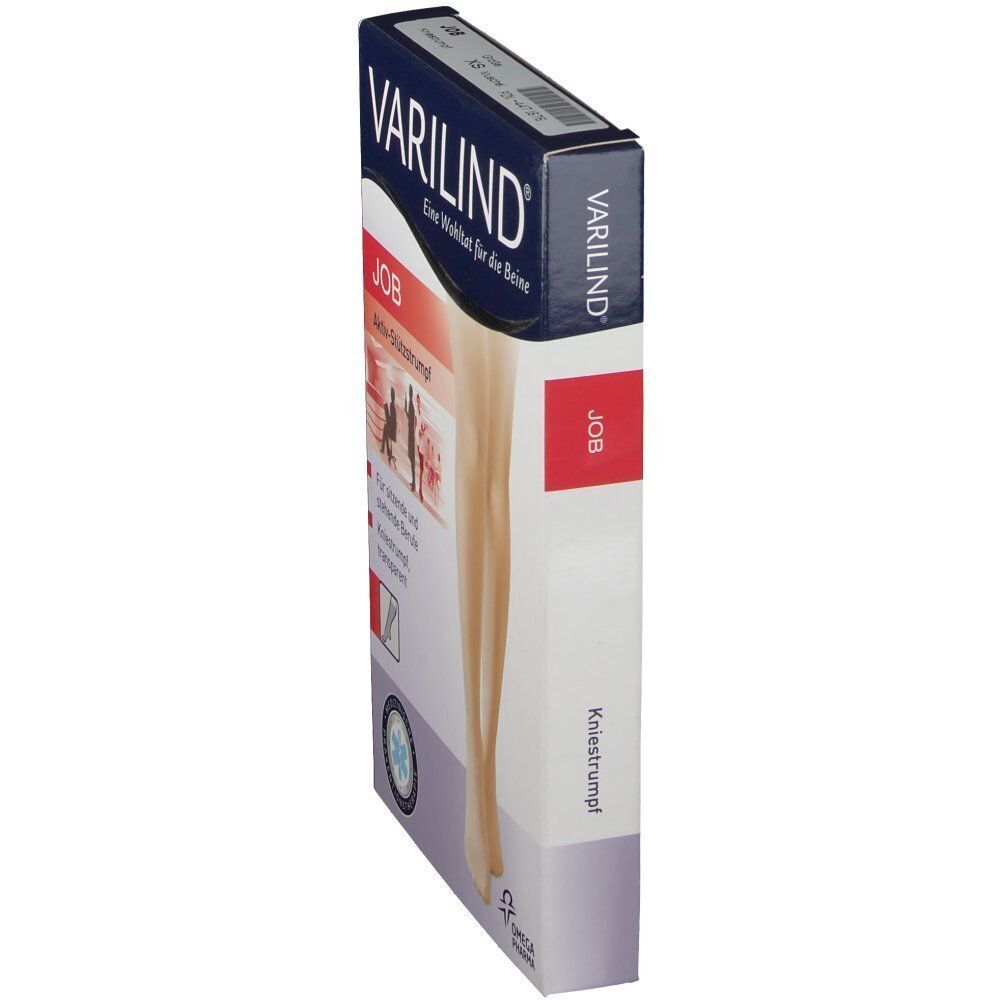 VARILIND JOB Kniestrümpfe-Verpackung, Seitenansicht. Aufdruck: transparente Strümpfe, medizinische Qualität.