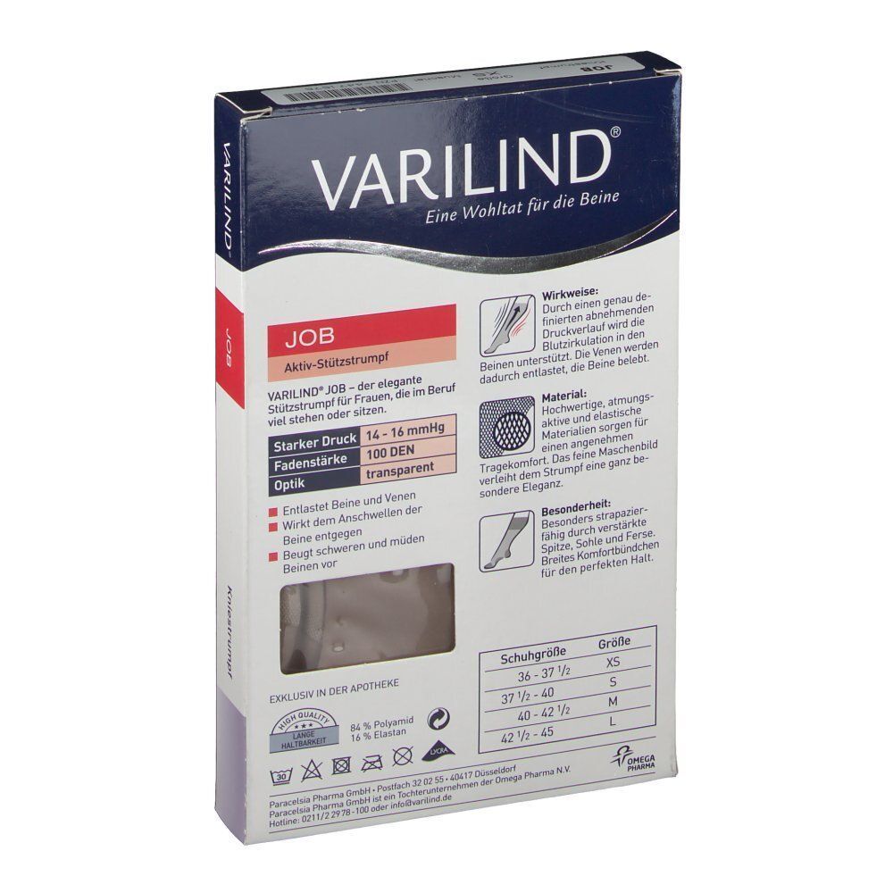 Rückseite der VARILIND JOB Kniestrümpfe-Verpackung. Informationen zu Material, Größe und medizinischer Qualität.