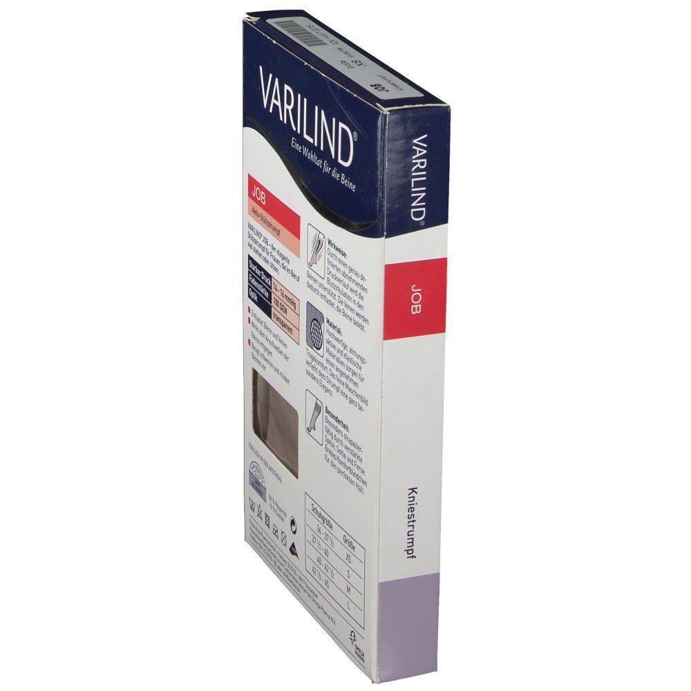 Seitenansicht der VARILIND JOB Kniestrümpfe-Verpackung. Aufdruck: Kniestrümpfe, medizinische Qualität, Größen.