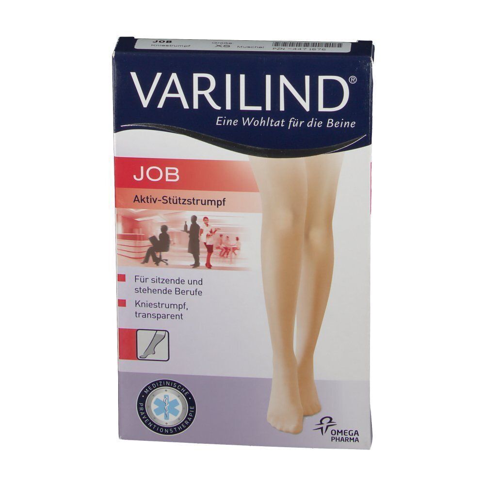 VARILIND JOB Kniestrümpfe-Verpackung. Aufdruck: transparente Strümpfe, medizinische Qualität, Omega Pharma.