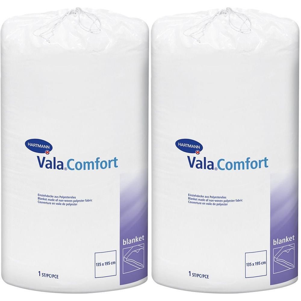 Zwei weiße VALACOMFORT Einziehdecken in Plastikverpackung. Aufdruck: Hartmann, Vala.Comfort, 135x195 cm, 1 Stück.