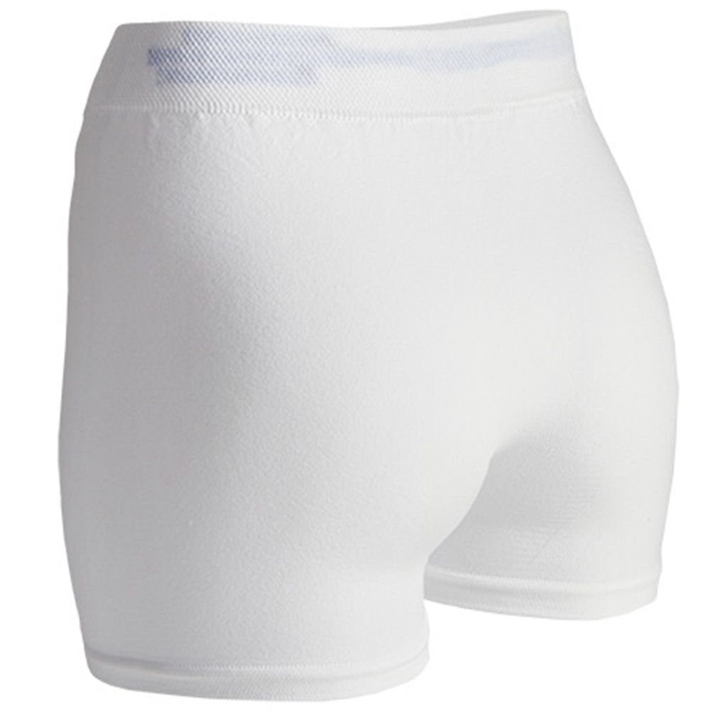 Weiße TENA Fix Cotton Special XXL Fixierhose. Kurze Hose aus Baumwolle. Elastischer Bund. Perspektivische Seitenansicht.