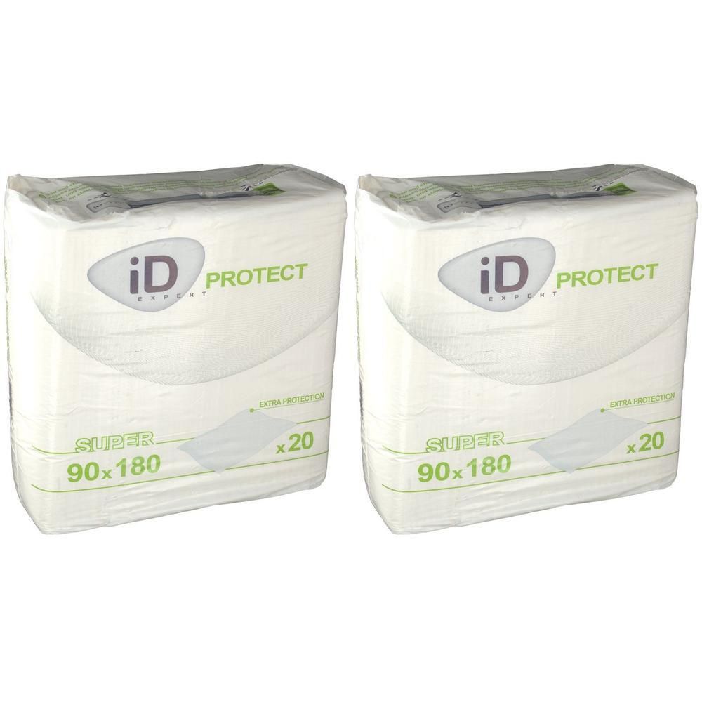 Zwei Packungen Bettschutzunterlagen. Aufdruck: iD Expert Protect, Super, 90x180 cm, x20. Verpackt in Folie.