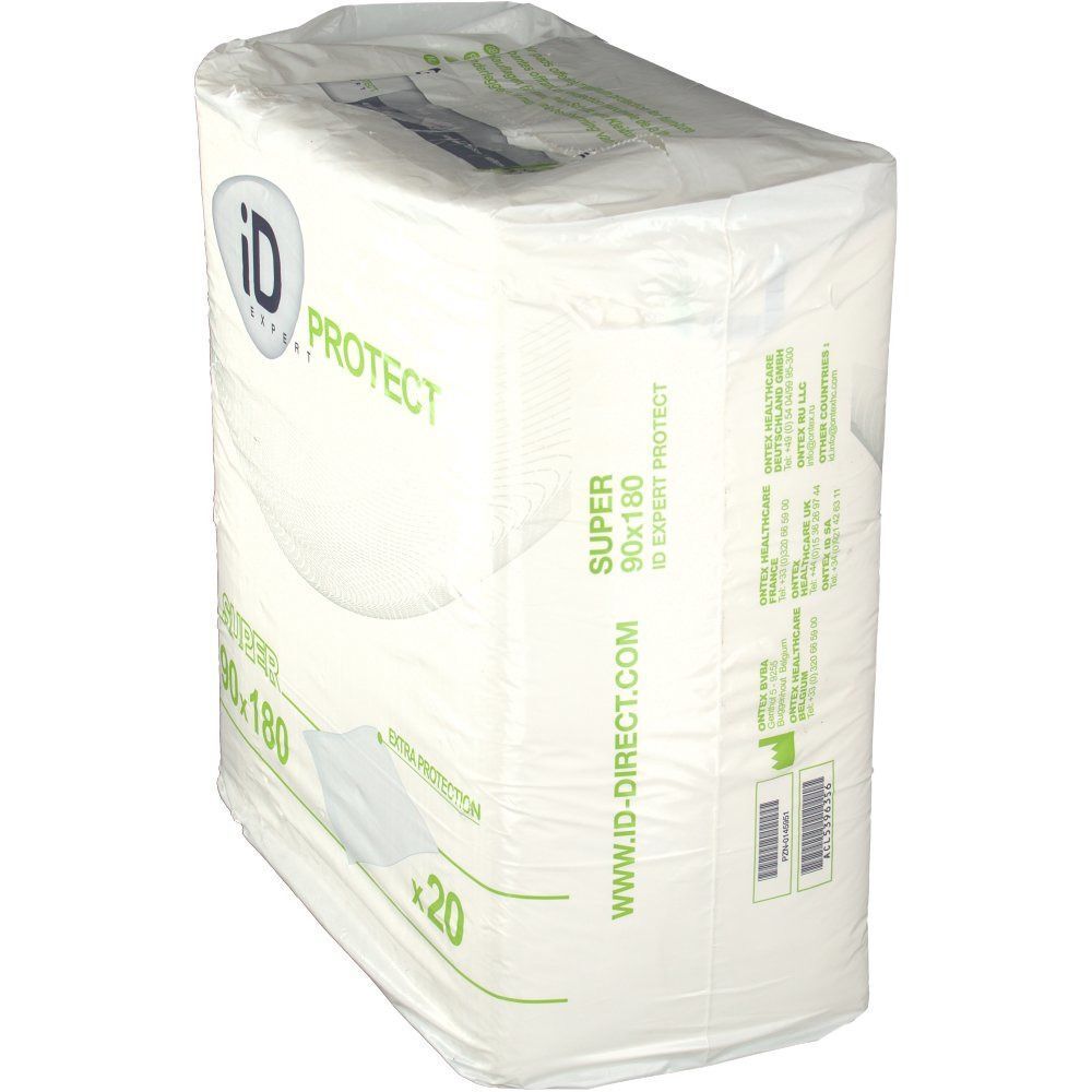 Verpackung Bettschutzunterlagen. Aufdruck: iD Expert Protect, Super, 90x180 cm, x20. Verpackt in Folie. Logo iD-Direct.com.