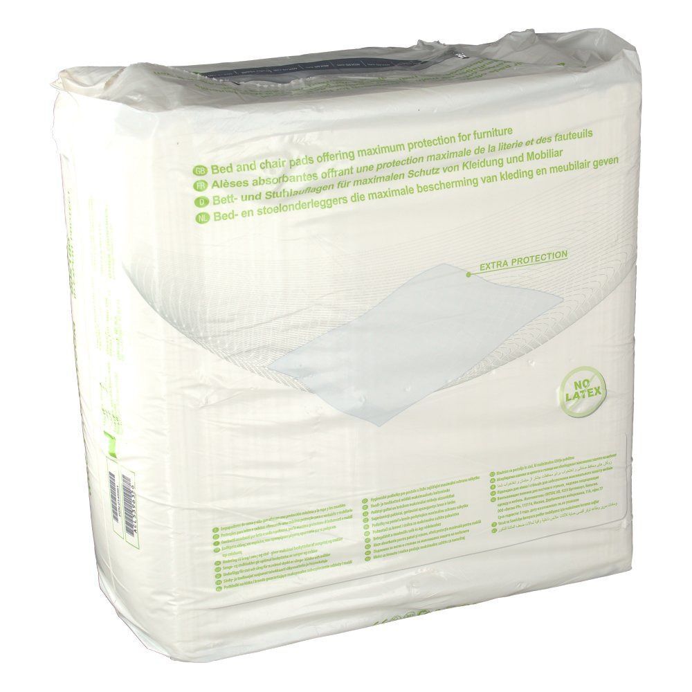 Verpackung Bettschutzunterlagen. Aufdruck: iD Expert Protect. Text in mehreren Sprachen. Hinweis: Extra Schutz, kein Latex.