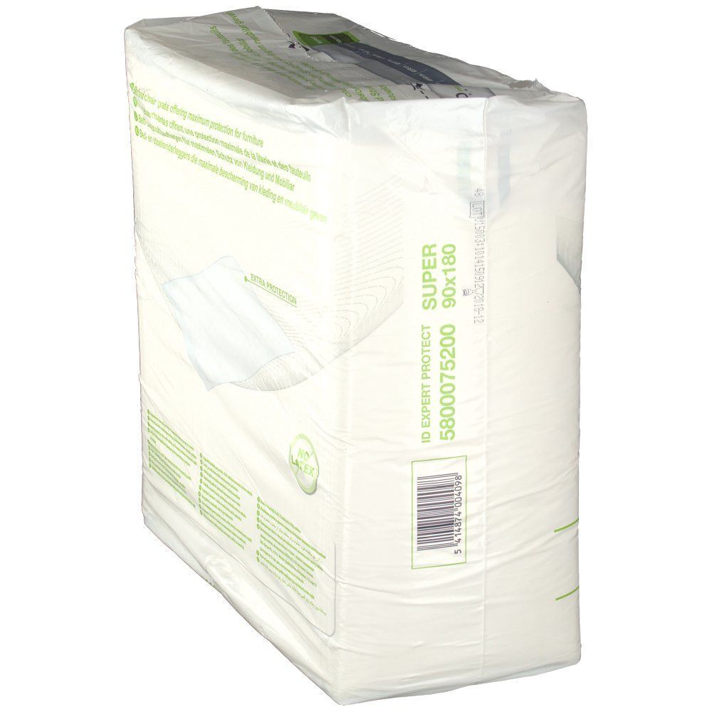 Verpackung Bettschutzunterlagen. Aufdruck: iD Expert Protect, Super, 90x180 cm. Barcode. Verpackt in Folie.