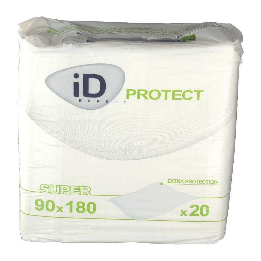 Verpackung Bettschutzunterlagen. Aufdruck: iD Expert Protect, Super, 90x180 cm, x20. Hinweis: Extra Schutz. Verpackt in Folie.