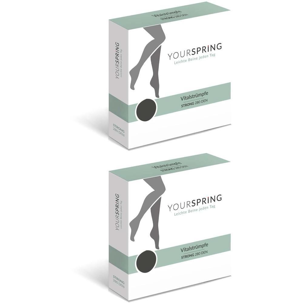 Zwei Schachteln mit Produktabbildung. Aufschrift YOURSPRING, Vitalstrümpfe, STRONG 280 DEN. Schwarze Strümpfe auf der Verpackung.