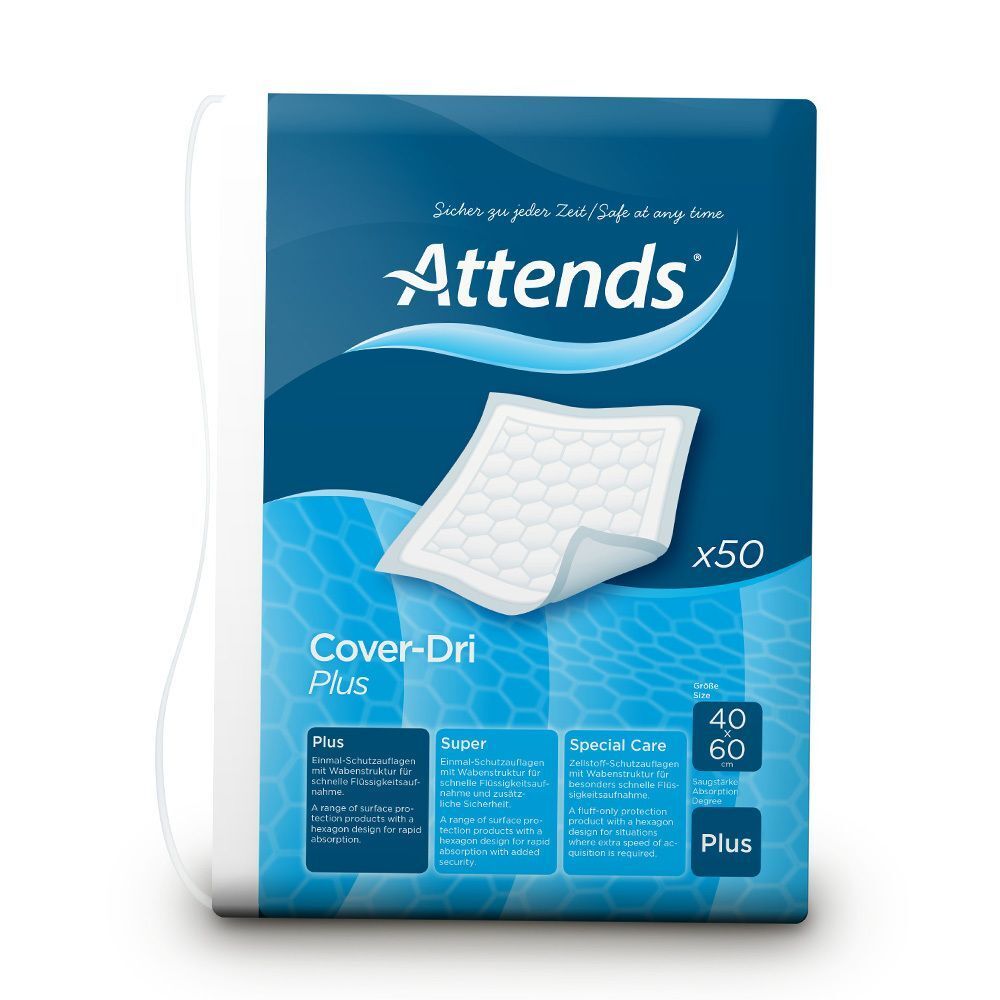 Verpackung Attends Cover-Dri Plus Schutzauflagen. Produktname, Größe 40x60cm und x50. Blaue Verpackung mit Produktabbildung.