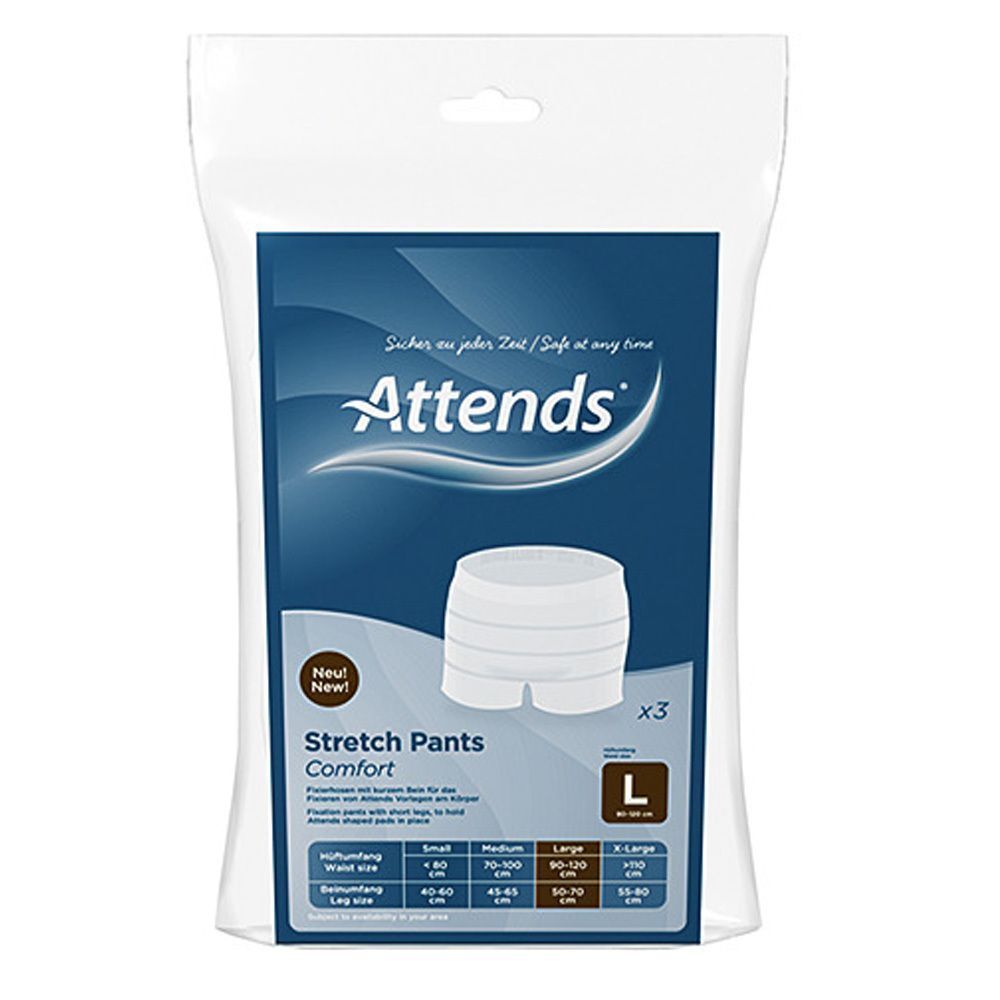 Eine Packung ATTENDS Stretch Pants Comfort L. Enthält drei Pants. Weiße Pants sind vor der Packung platziert. Größenangaben.