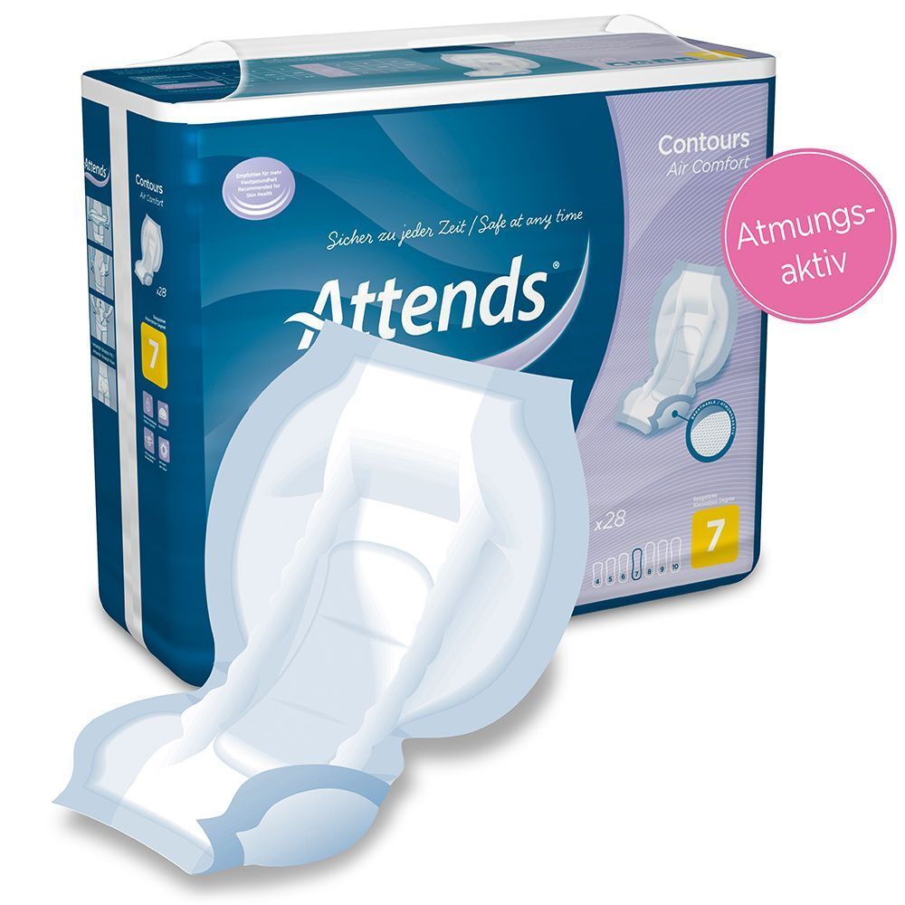 Attends® Contours Air Comfort 7 Vorlagen Packung und eine Vorlage. Blaue Verpackung mit Produktabbildung und Logo. Aufschrift: Attends, 7.