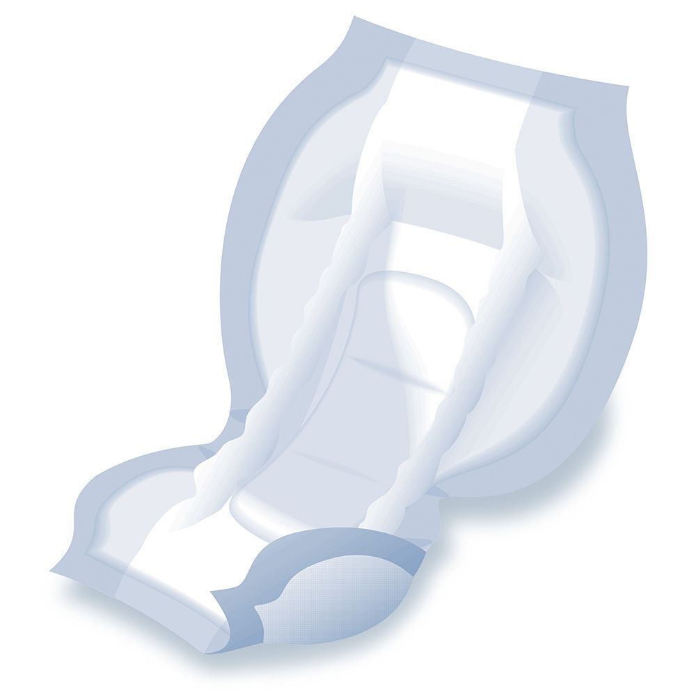 Eine einzelne Attends® Contours Air Comfort Vorlage. Weiße, anatomisch geformte Vorlage mit blauen Akzenten. Produkt ohne Verpackung.