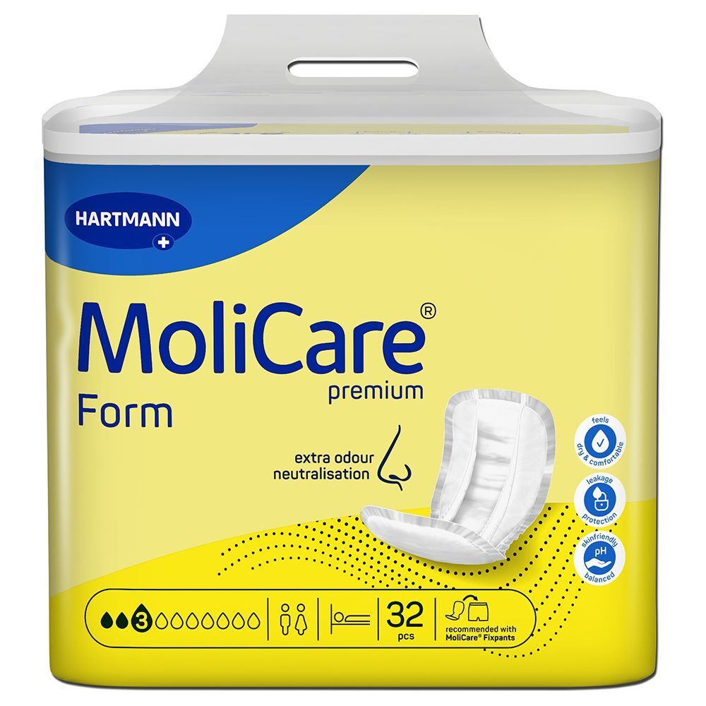MOLICARE Form Packung. Gelbe Verpackung mit Produktabbildung und Logo. 32 Stück.