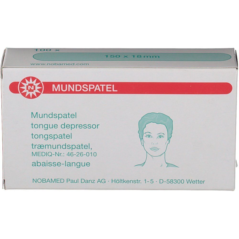Karton mit Aufschrift MUNDSPATEL. Aufdrucke: Zungen- und Trämundspatel, 150 x 18 mm. Abbildung eines Gesichts.