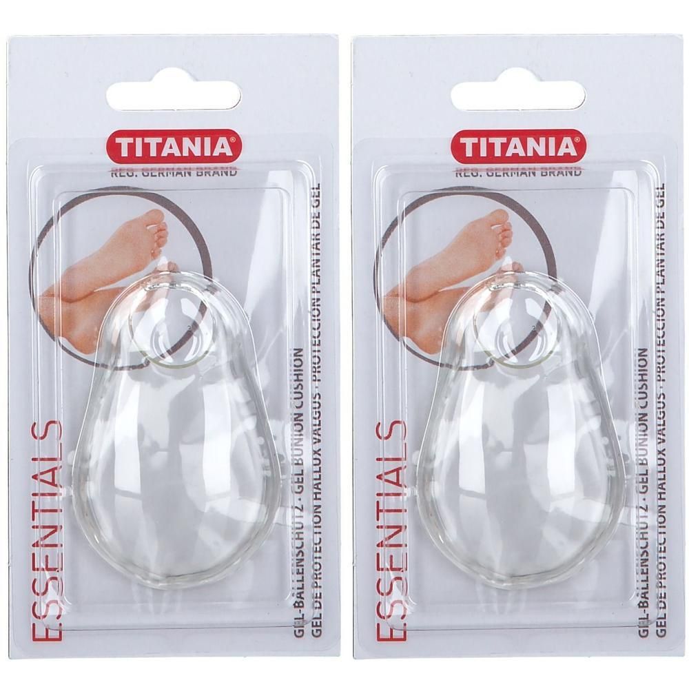 Zwei transparente Gel-Ballenschutz-Pads in Blisterverpackung. Marke TITANIA, Essentials-Produkt. Text: Gel Bunion Cushion.