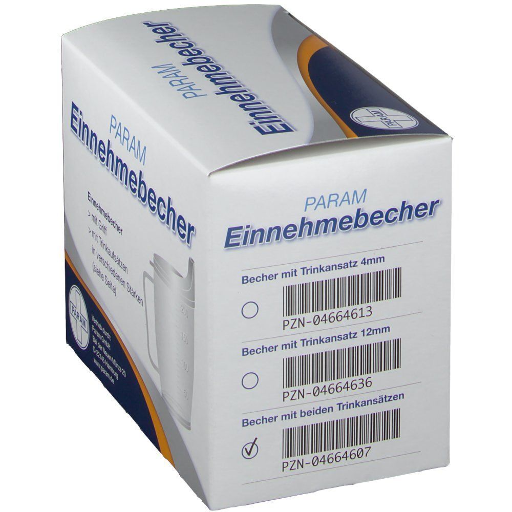 Weißer Karton mit Produktabbildung und Schriftzug PARAM Einnahmebecher. Auswahloptionen für Trinkansätze mit Barcodes.