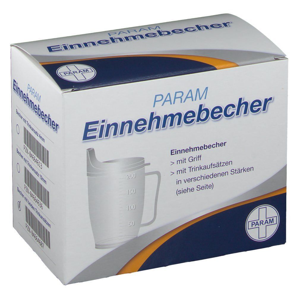 Weißer Karton mit Produktabbildung und Schriftzug PARAM Einnahmebecher. Becher mit Griff und Skala, Text auf Deutsch.