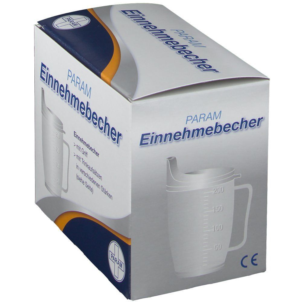 Weißer Karton mit Produktabbildung und Schriftzug PARAM Einnahmebecher. Becher mit Griff und Skala, CE-Kennzeichnung.