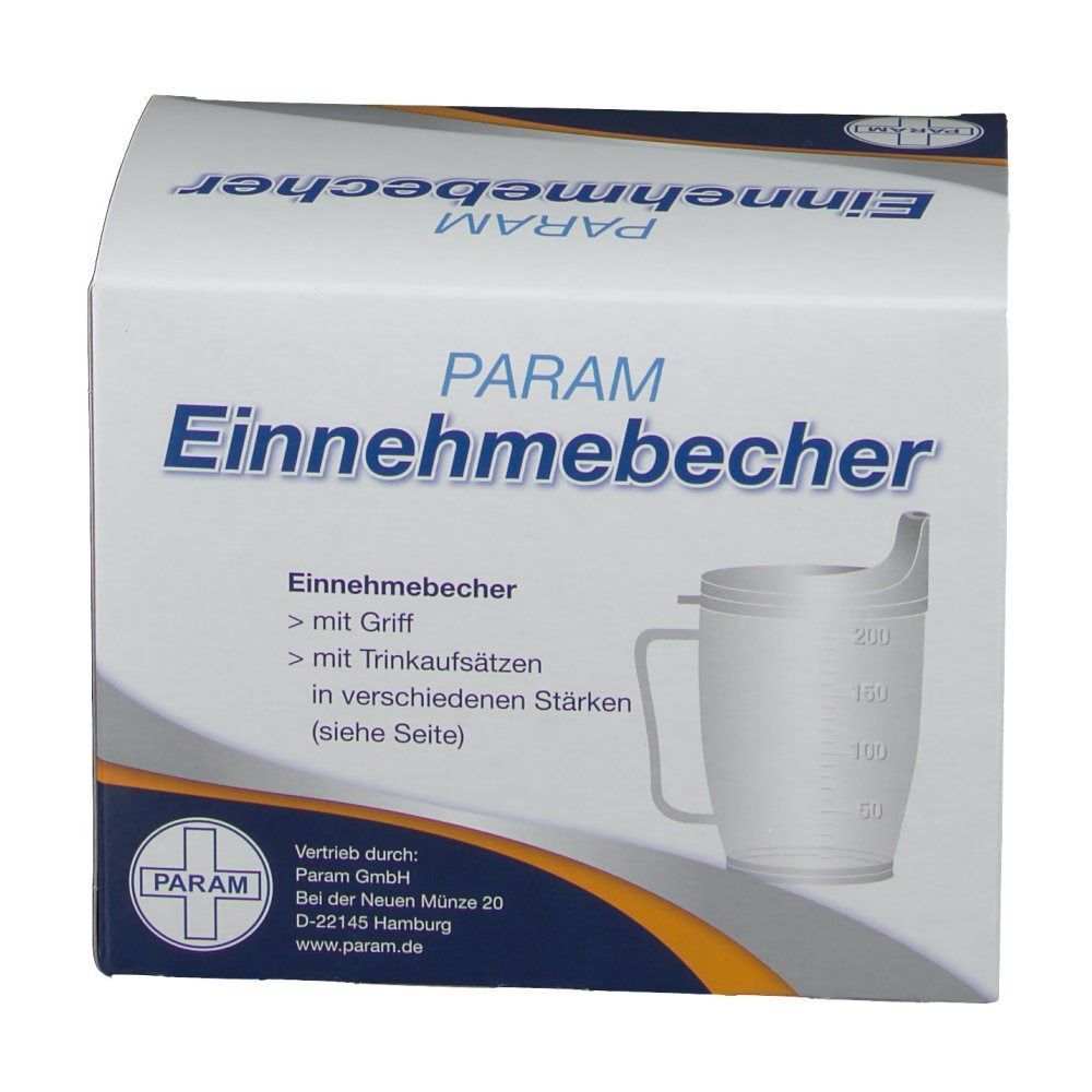 Weißer Karton mit Produktabbildung und Schriftzug PARAM Einnahmebecher. Becher mit Griff und Trinkansatz, Text auf Deutsch.