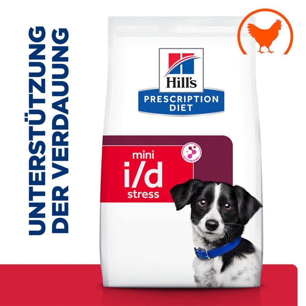 Hundefutterbeutel mit Aufdruck: Hill's PRESCRIPTION DIET, i/d Stress, Mini. Abbildung eines Hundes. Symbol: Huhn.