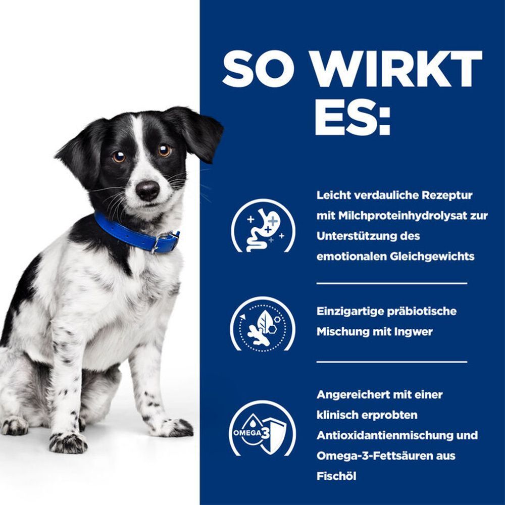 Infografik: Wie es wirkt. Text und Symbole. Hund mit blauem Halsband. Leicht verdauliche Rezeptur, Ingwer, Omega-3.