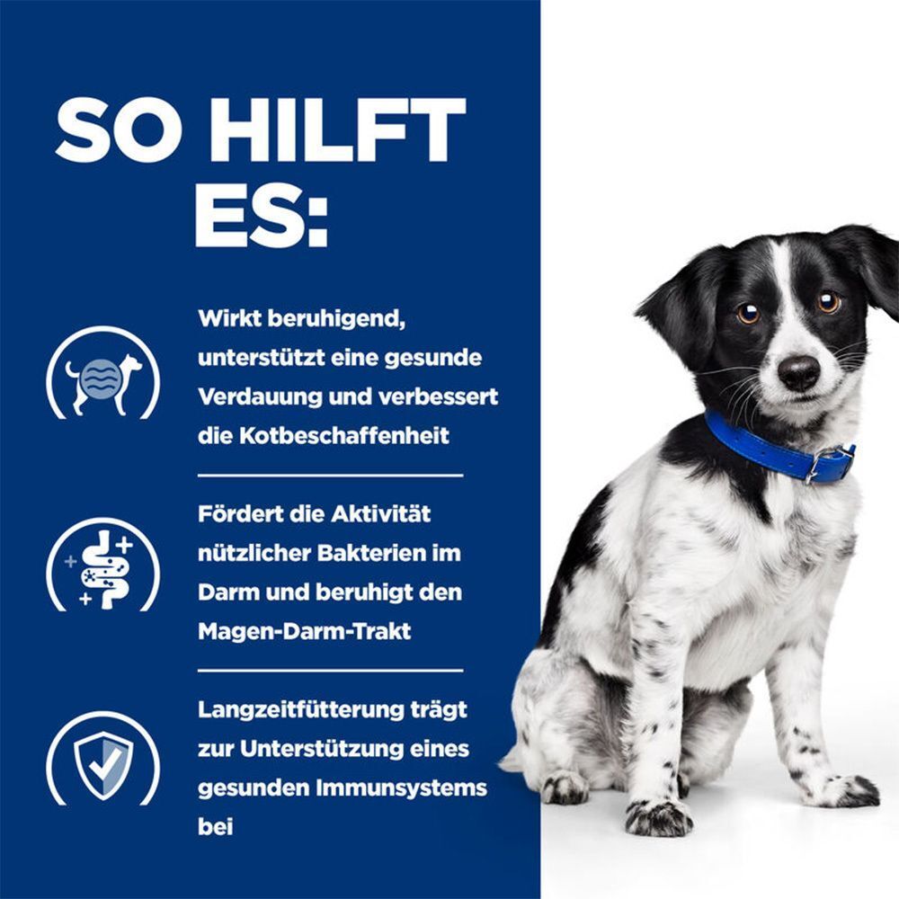 Infografik: Wie es hilft. Text und Symbole. Hund mit blauem Halsband. Beruhigend, gesunde Verdauung, Immunsystem.