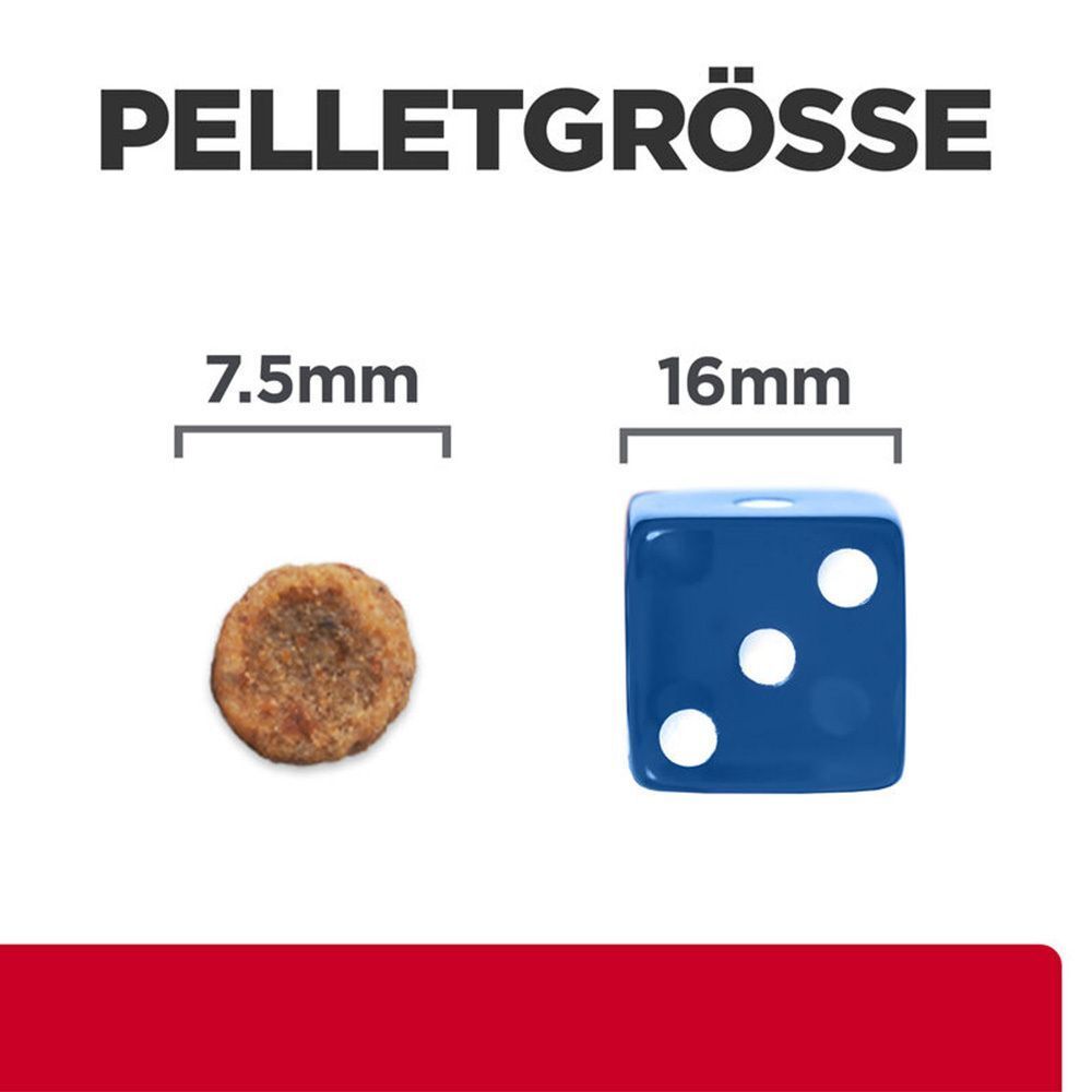 Pelletgröße. Vergleich: 7,5 mm Pellet und 16 mm Würfel.
