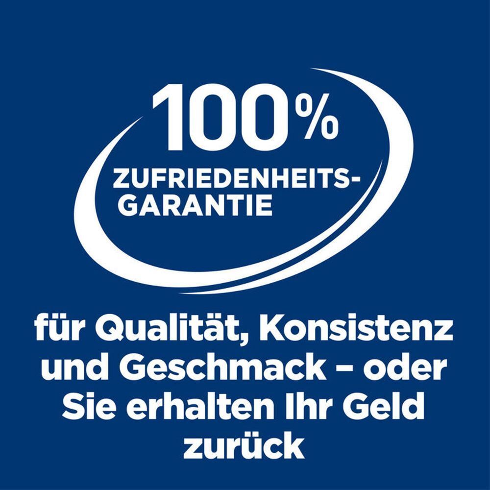 100% Zufriedenheitsgarantie. Text: für Qualität, Konsistenz und Geschmack - oder Sie erhalten Ihr Geld zurück.