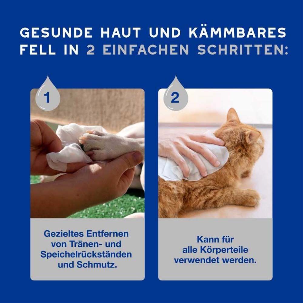 Zwei Schritte zur Reinigung. Text: Gesunde Haut und kämmbares Fell in 2 einfachen Schritten.