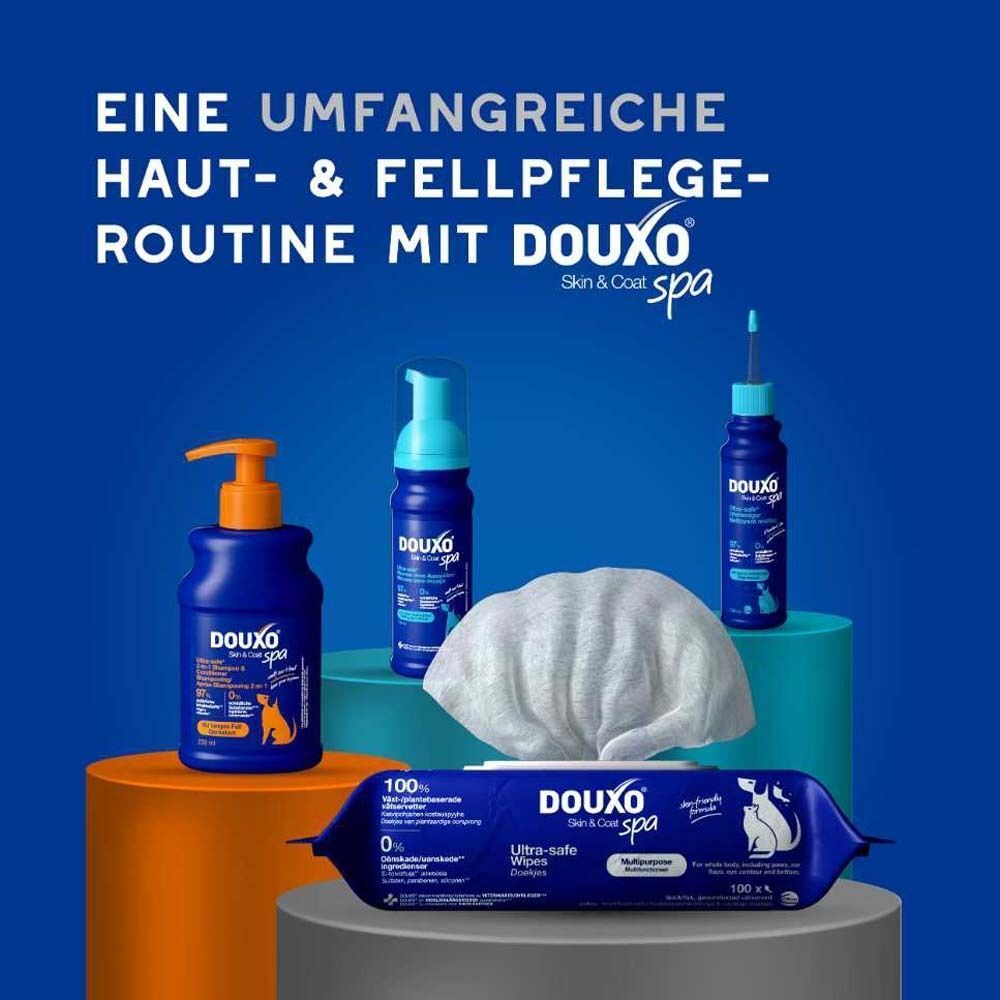 Verschiedene DOUXO® Produkte. Text: Eine umfangreiche Haut- & Fellpflege-Routine mit DOUXO® Skin & Coat Spa.