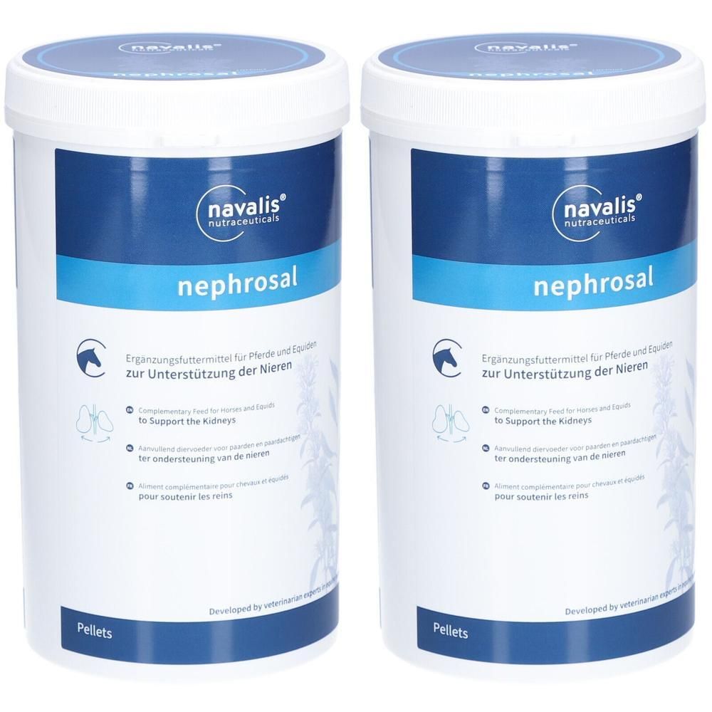 Zwei weiße Behälter mit blauem Deckel. Aufschrift: nephrosal. Ergänzungsfuttermittel für Pferde. Marke: navalis nutraceuticals. Pellets.