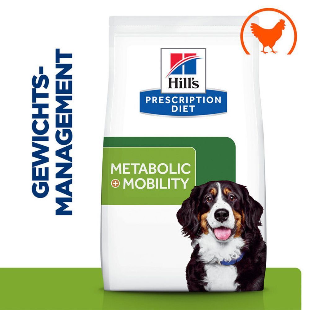 Beutel Hill's PRESCRIPTION DIET Metabolic + Mobility Trockenfutter für Hunde. Aufdruck: Metabolic + Mobility, Veterinarian Recommended. Mit Huhn-Symbol.