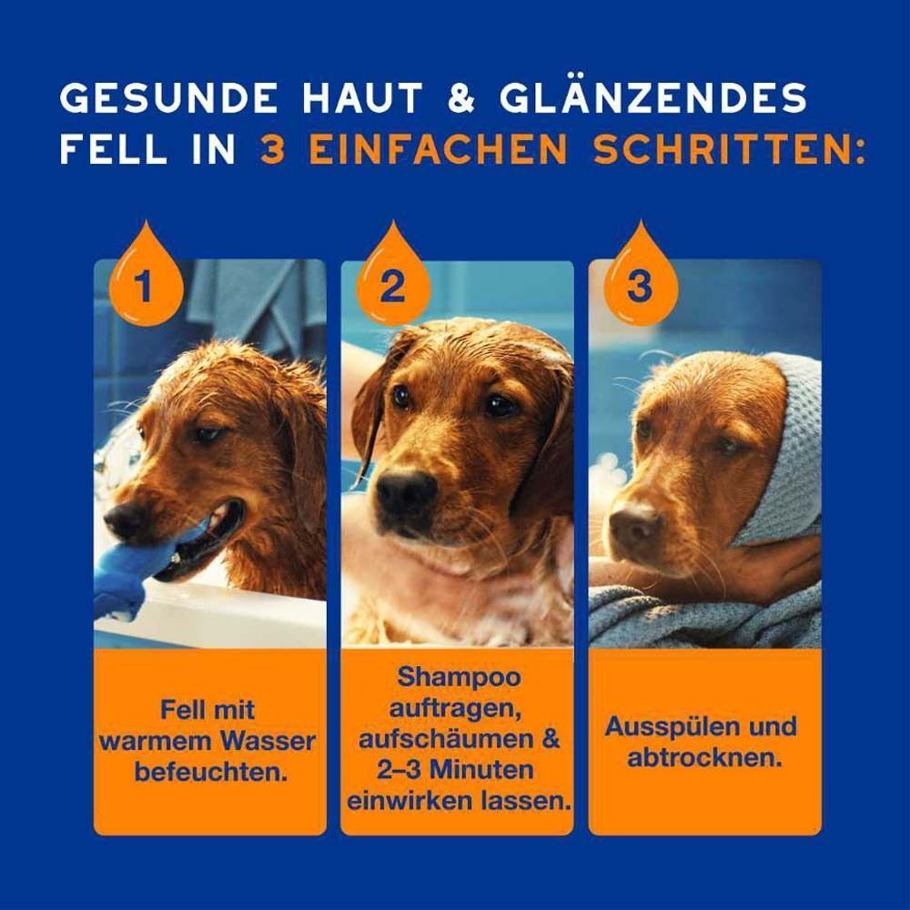 Drei Schritte für gesundes Fell. Text: Fell mit warmem Wasser befeuchten. Shampoo auftragen. Ausspülen und abtrocknen.