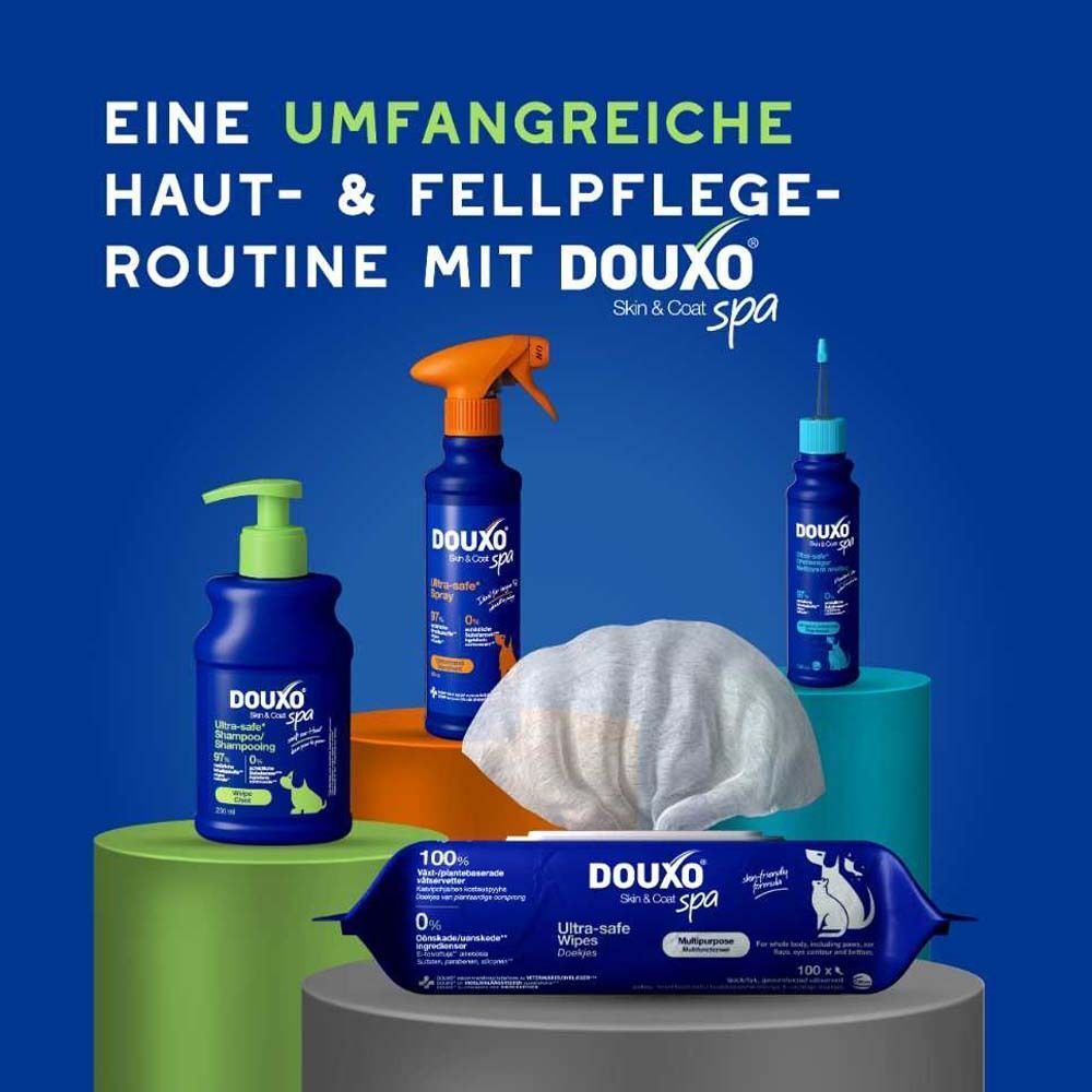 Verschiedene DOUXO Produkte: Shampoo, Spray, Tücher. Text: Eine umfangreiche Haut- & Fellpflege-Routine mit DOUXO Skin & Coat spa.