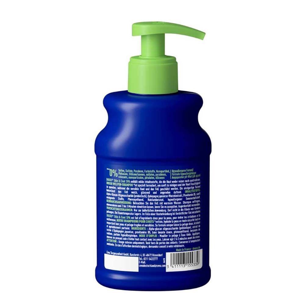 Rückseite einer blauen Flasche mit grünem Pumpkopf. Text und Inhaltsstoffe.